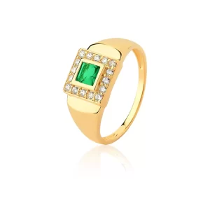 Anel de Formatura Esmeralda Imperial Sabedoria e Nobreza em Ouro 18K com Brilhantes
