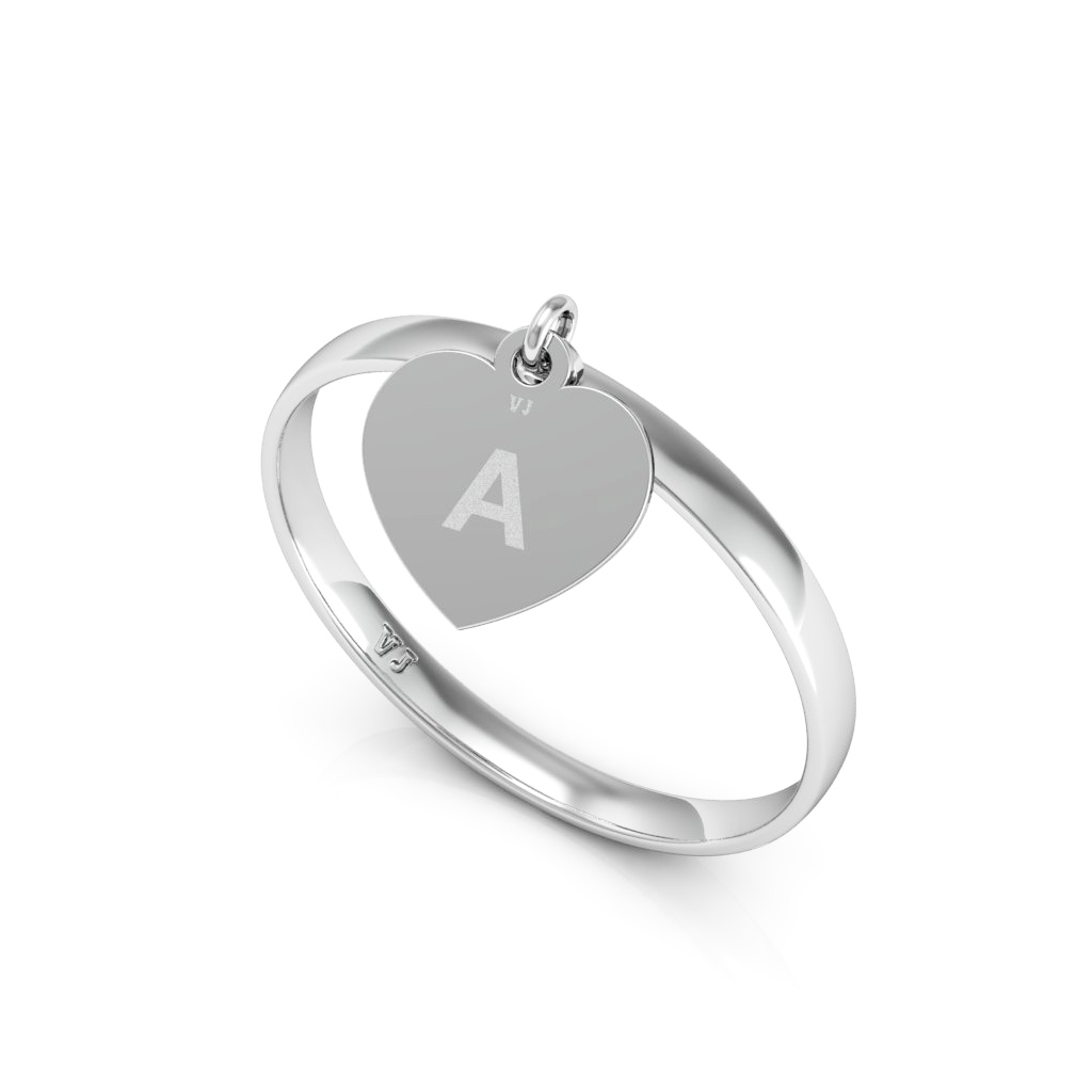 Anel em Prata 925 com Pingente de Coração Personalizável com Letra