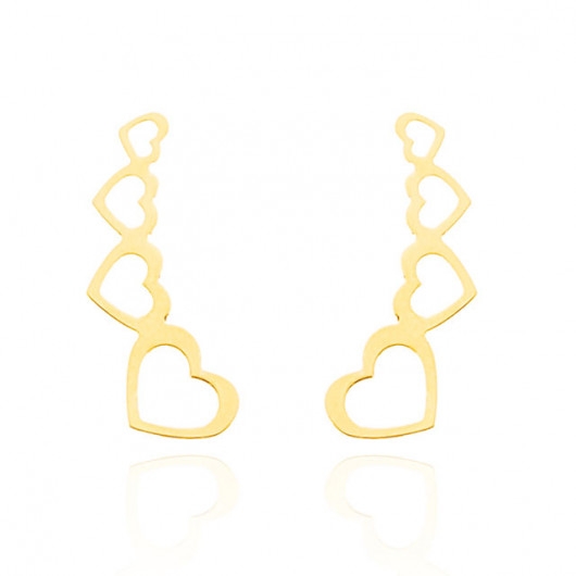 Brinco Ear Cuff Corações Vazados em Ouro 18K