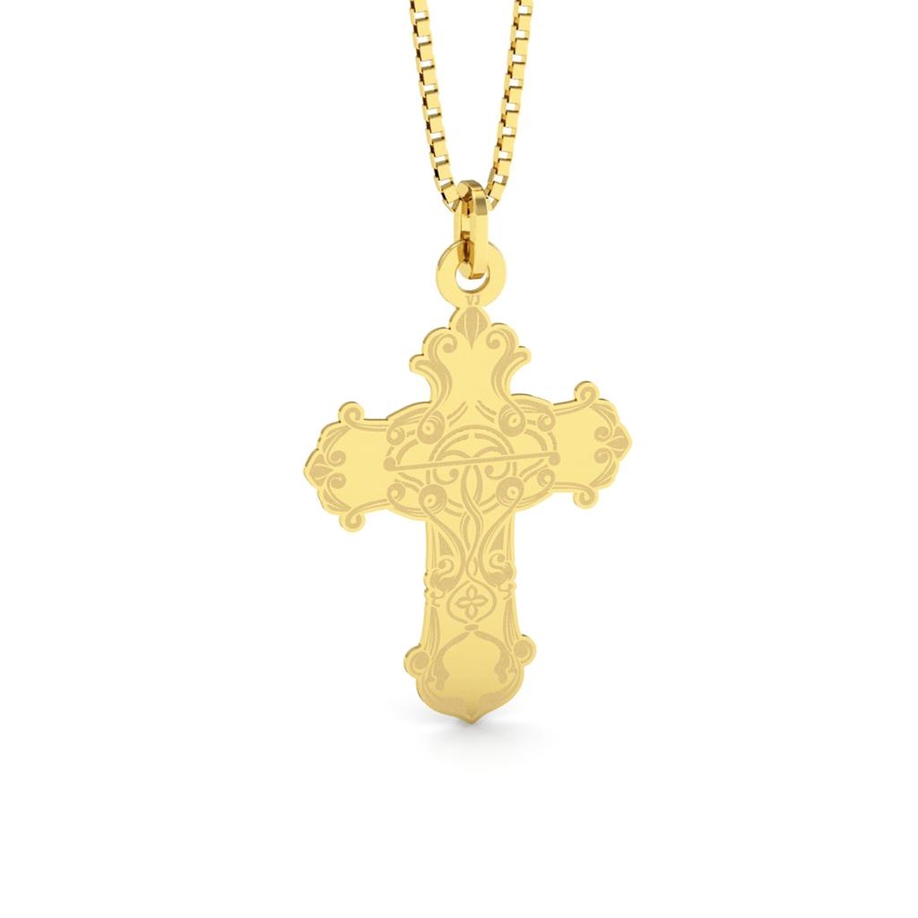 Pingente Cruz Ornamental em Ouro 18K com Grafismos