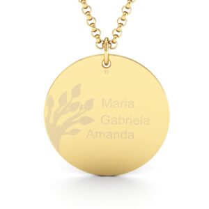 Pingente Redondo Personalizado com Nomes e Árvore da Família Ouro 18K