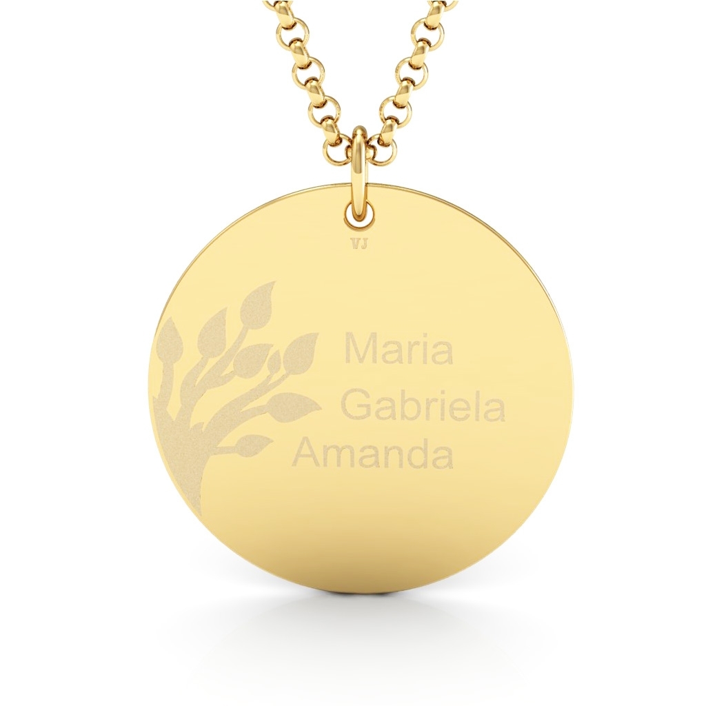 Pingente Redondo Personalizado com Nomes e Árvore da Família Ouro 18K