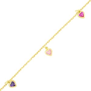 Pulseira Infantil em Ouro 18K com Corações e Pedras Coloridas