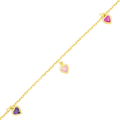 Pulseira Infantil em Ouro 18K com Corações e Pedras Coloridas