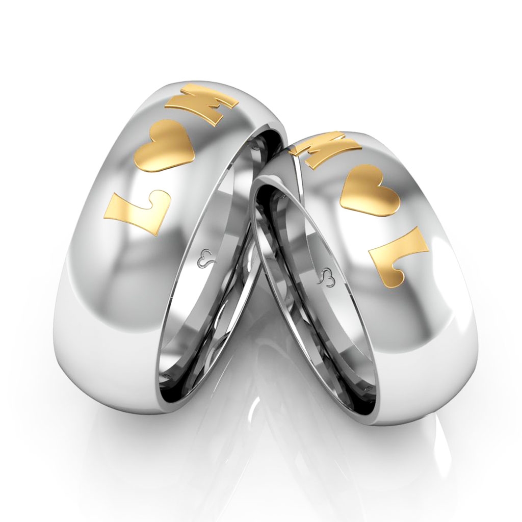 Par de Alianças Personalizadas em Prata 925 com Letras e Coração em Dourado