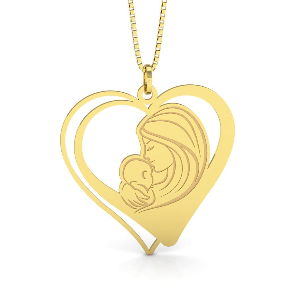 Pingente Coração com Mãe e Bebê em Ouro 18K