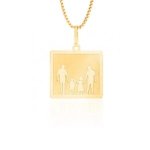 Pingente Quadrado em Ouro 18K com Silhueta de Dois Pais, Filho e Filha