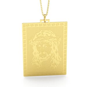 Pingente Retangular em Ouro 18K com Gravação da Face de Jesus