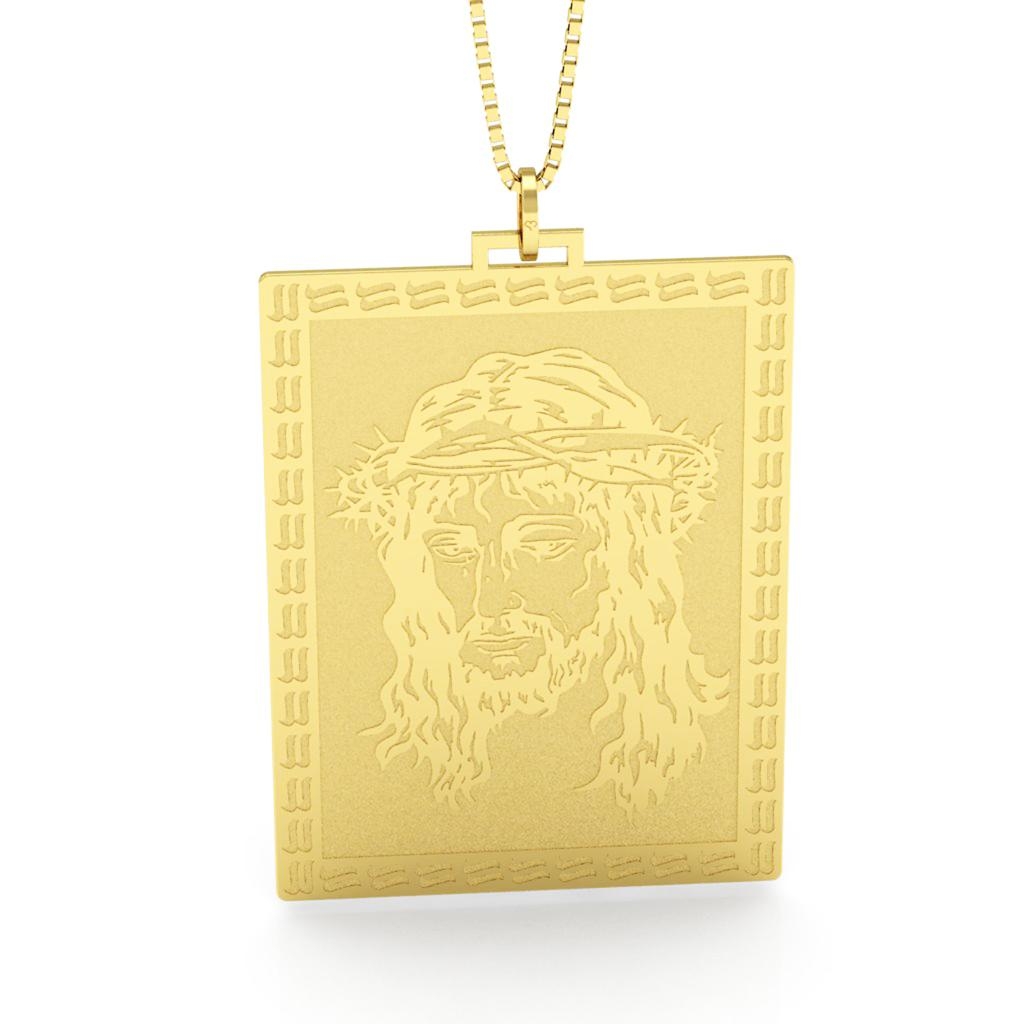 Pingente Retangular em Ouro 18K com Gravação da Face de Jesus