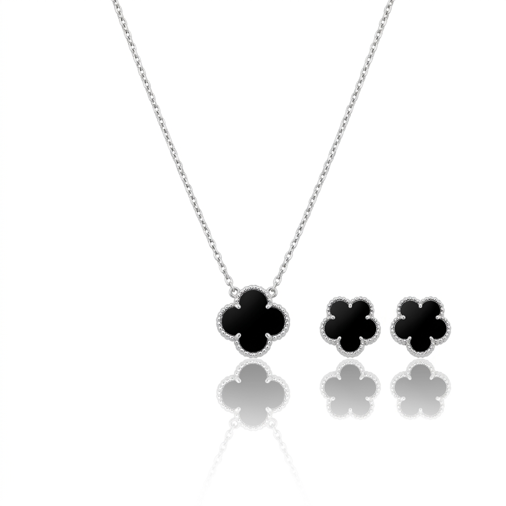 Conjunto Trevo Noir Elegance em Prata 925