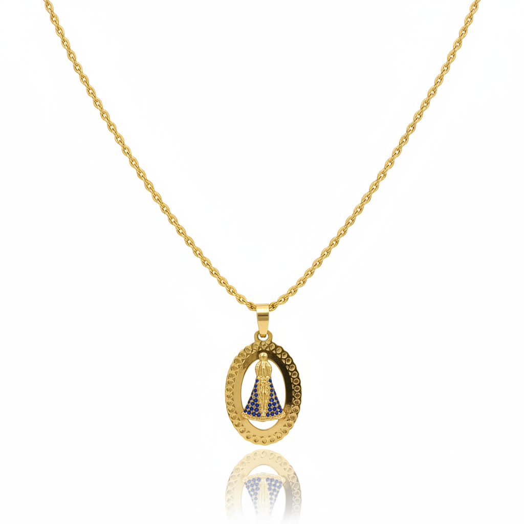 Colar Nossa Senhora Aparecida – Manto Celeste em Ouro 18K