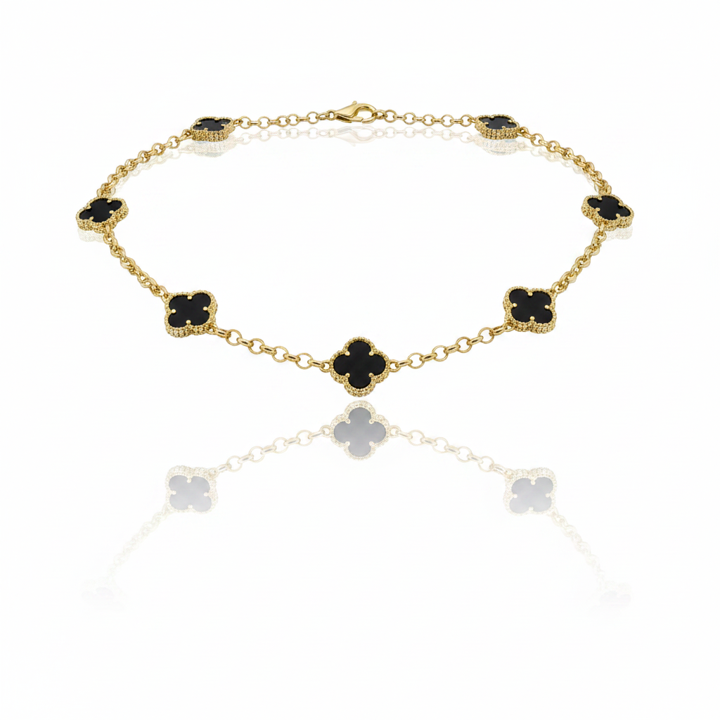 Colar Trevos de Ônix em Ouro 18K