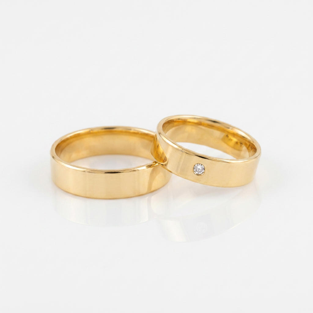 Par de Alianças em Ouro 18K Reta Lisa com Diamante-6mm