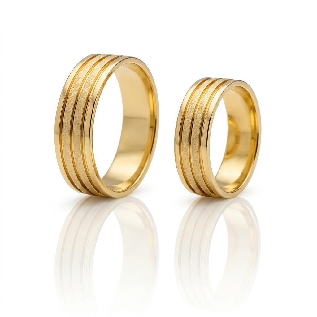 Par de Alianças Ouro 18K Anatômica Frisos Triplos-8mm
