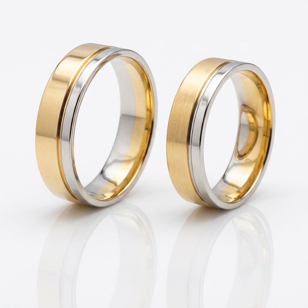Par de Alianças Ouro 18K Bicolor com Friso Lateral-8mm