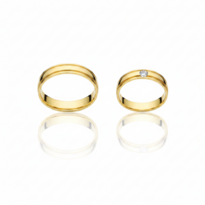 Par de Alianças com Friso Duplo e Diamante em Ouro 18K-4mm