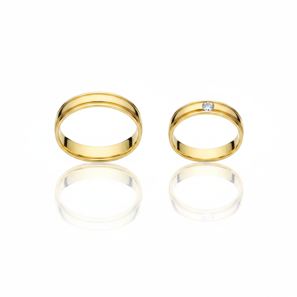 Par de Alianças com Friso Duplo e Diamante em Ouro 18K-4mm