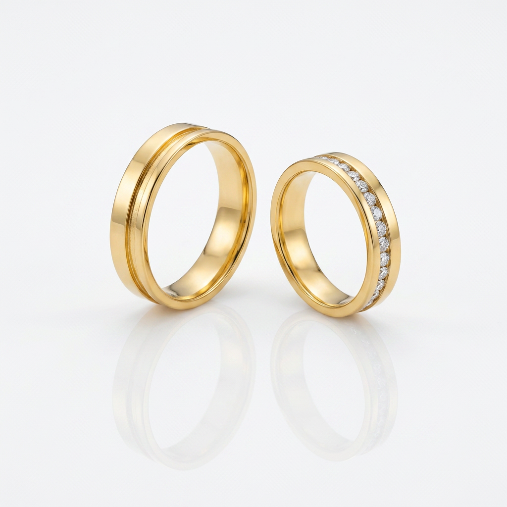 Par de Alianças de Ouro 18K com Friso Fosco e Fileira de Moissanita-5mm