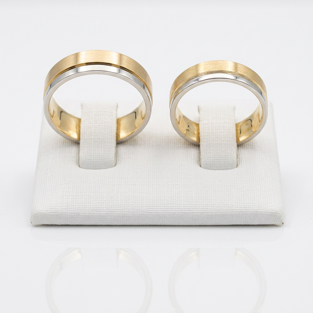Par de Alianças Ouro 18K Bicolor com Friso Lateral-8mm - Imagem 2